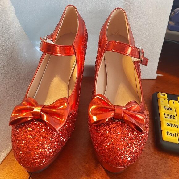 NEW! Mary Jane Round Toe Sequin Bowtie Platform Block Heel Red SzUS11-11.5/ EU42 - Picture 3 of 7